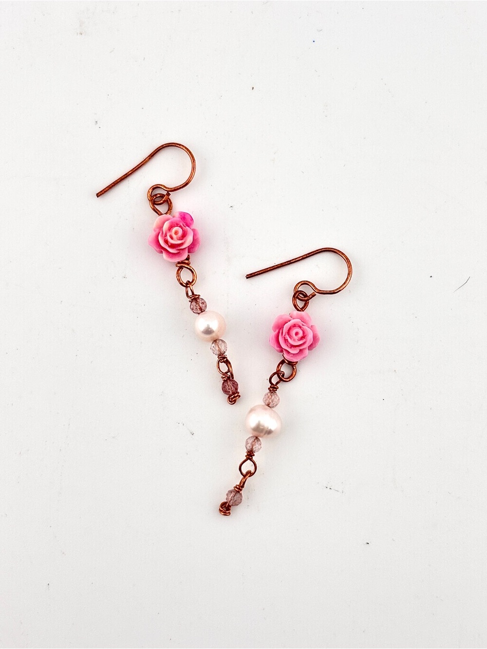 HANDMADE Shell Powder Rose, Freshwater Pearl and Copper Dangle Floral Earrings